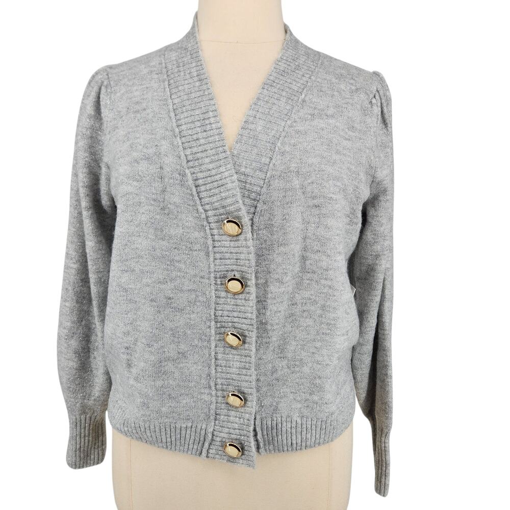 NWT Eloquii Puff Sleeve Cardigan Gray Metallic Button Front Size 18 / 20